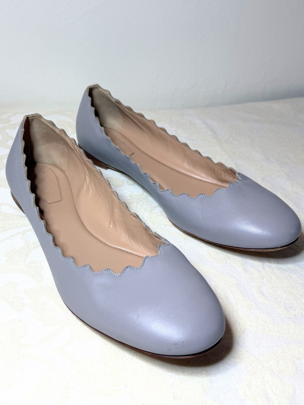 Chloé Lauren Gray Leather Scalloped Ballet Flats EU 38 Made in Italy